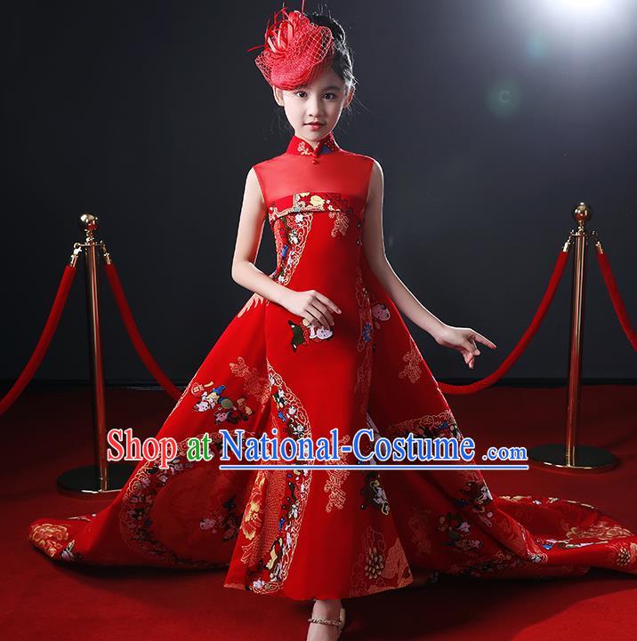 Chinese Stage Show Fashion Girl Catwalk Clothing Classical Dance Garment Costume Children Compere Red Trailing Full Dress