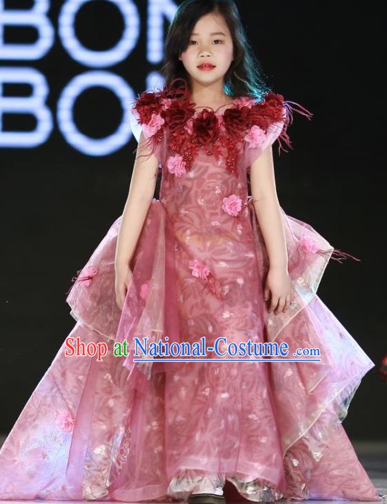 Custom Children Catwalks Garment Costume Christmas Performance Pink Fishtail Full Dress Fairy Princess Fashion Piano Recital Clothing