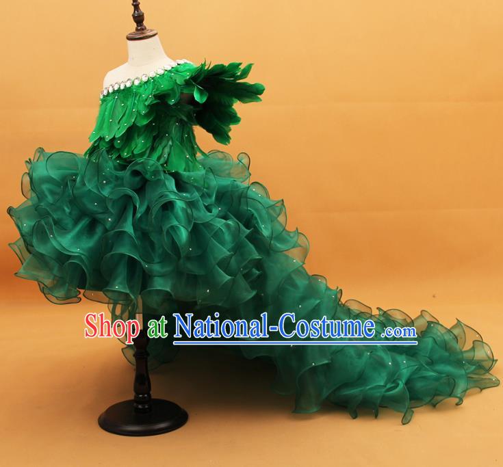 Custom Girl Princess Feather Fashion Piano Recital Clothing Children Catwalks Garment Costume Christmas Performance Green Trailing Full Dress