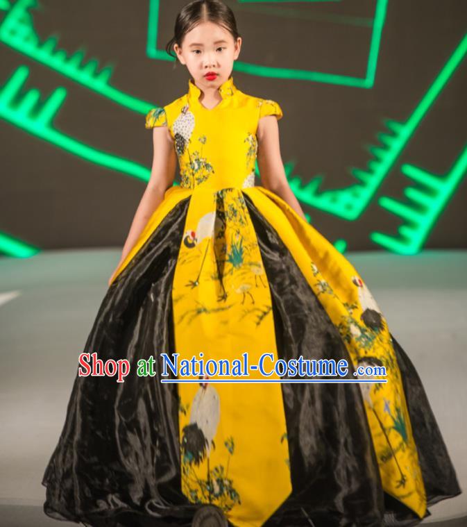 Chinese Children Compere Yellow Full Dress Stage Show Fashion Girl Catwalk Clothing Classical Dance Garment Costume