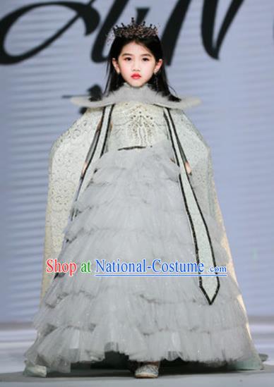 Custom European Princess Grey Veil Full Dress Girl Piano Recital Fashion Modern Dance Clothing Children Catwalks Garment Costume