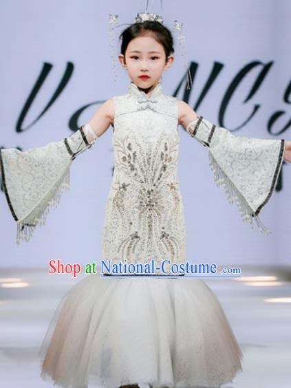 Chinese Classical Dance Garment Costume Children Compere Grey Lace Fishtail Dress Stage Show Fashion Girl Catwalk Clothing