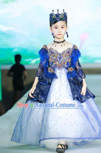 Custom Modern Dance Clothing Children Catwalks Garment Costume Baroque Princess Blue Full Dress Girl Piano Recital Fashion