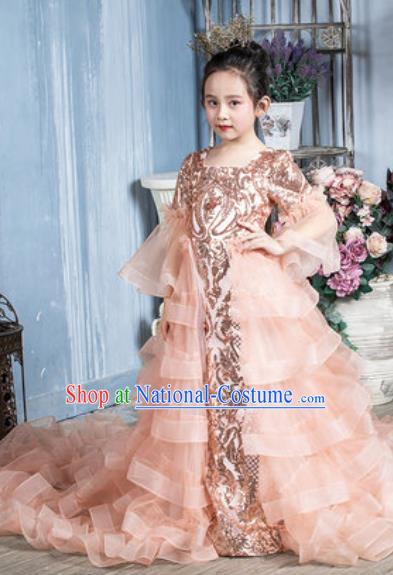 Custom Children Catwalks Garment Costume Baroque Princess Pink Trailing Full Dress Girl Piano Recital Fashion Modern Dance Clothing