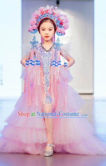 Custom Children Catwalks Garment Costume Piano Recital Pink Full Dress Girl Princess Fashion Modern Dance Clothing