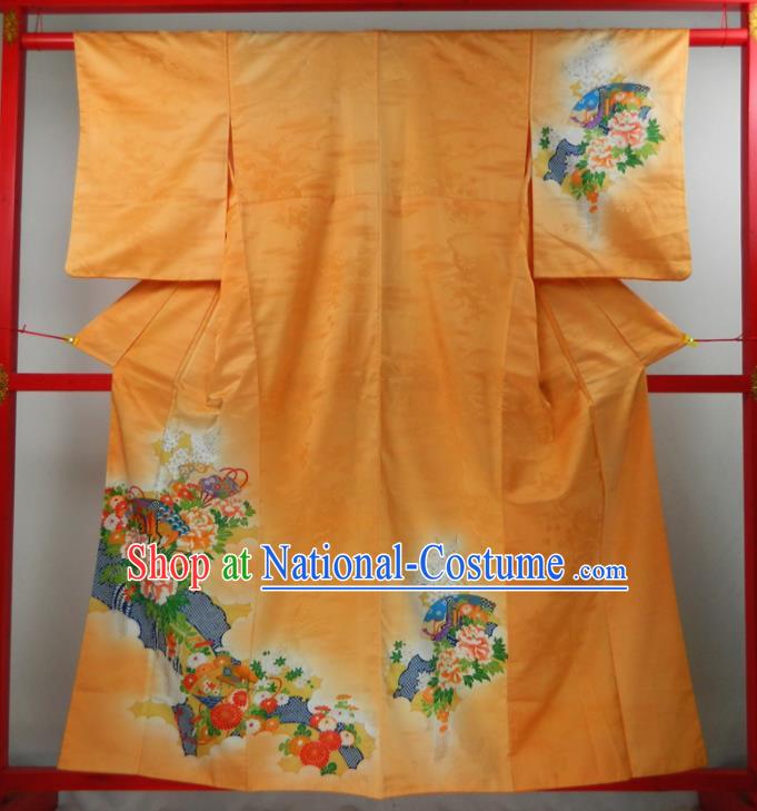 Japanese Young Woman Orange Silk Yukata Dress Classical Peony Fan Pattern Tsukesage Kimono Clothing Traditional Ceremony Garment Costume