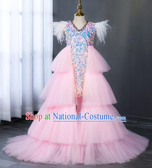 Custom Children Catwalks Garment Costume Piano Recital Pink Full Dress Girl Princess Fashion Modern Dance Clothing