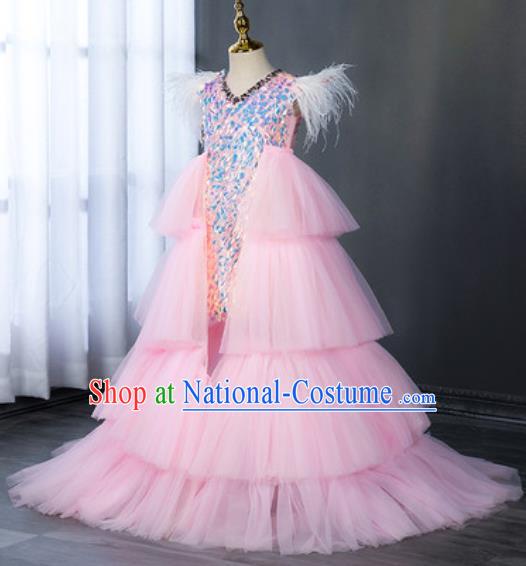 Custom Children Catwalks Garment Costume Piano Recital Pink Full Dress Girl Princess Fashion Modern Dance Clothing