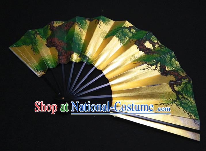 Japan Geisha Performance Accordion Classical Dance Folding Fan Traditional Pine Pattern Golden Fan Handmade Ebony Craft Fans