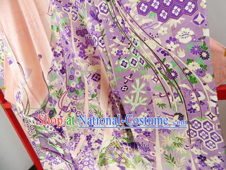 Japanese Classical Flowers Fan Pattern Pink Yukata Dress Traditional Furisode Kimono Clothing Festival Young Woman Garment Costume