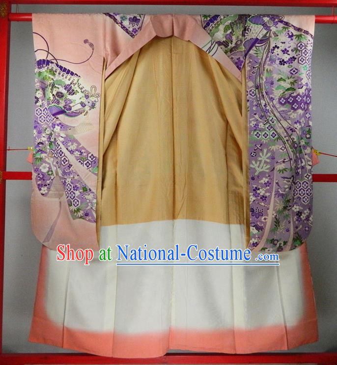 Japanese Classical Flowers Fan Pattern Pink Yukata Dress Traditional Furisode Kimono Clothing Festival Young Woman Garment Costume