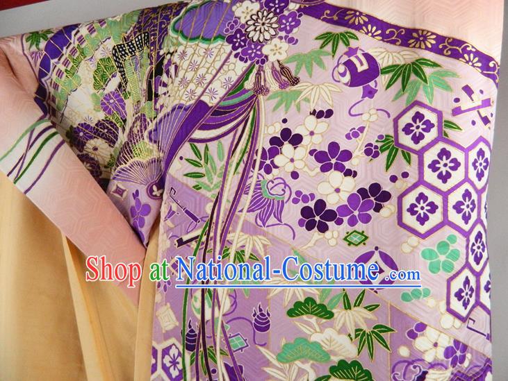 Japanese Classical Flowers Fan Pattern Pink Yukata Dress Traditional Furisode Kimono Clothing Festival Young Woman Garment Costume