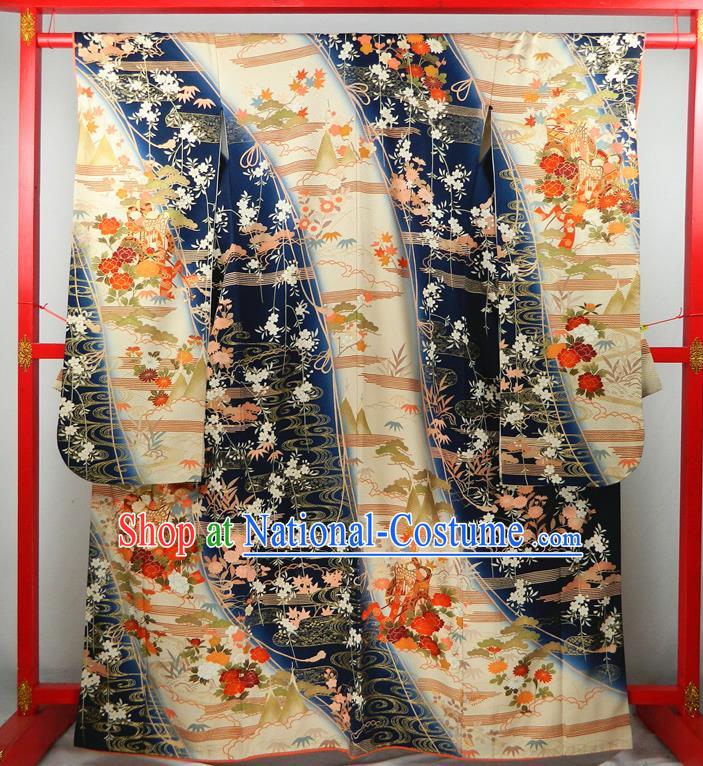 Japanese Summer Festival Garment Costume Classical Flowers Fan Pattern Yukata Dress Traditional Furisode Kimono Clothing