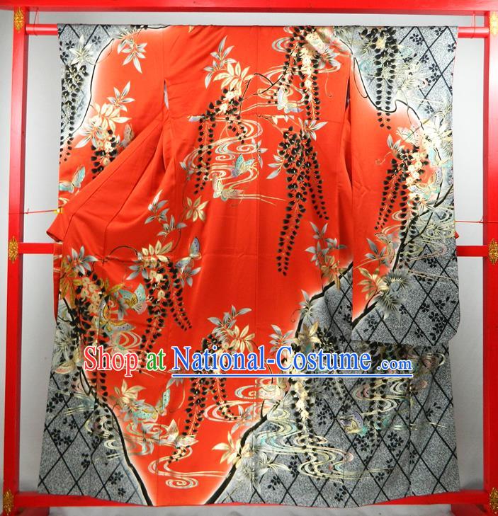 Japanese Traditional Wedding Furisode Kimono Clothing Summer Festival Garment Costume Classical Wisteria Pattern Red Yukata Dress