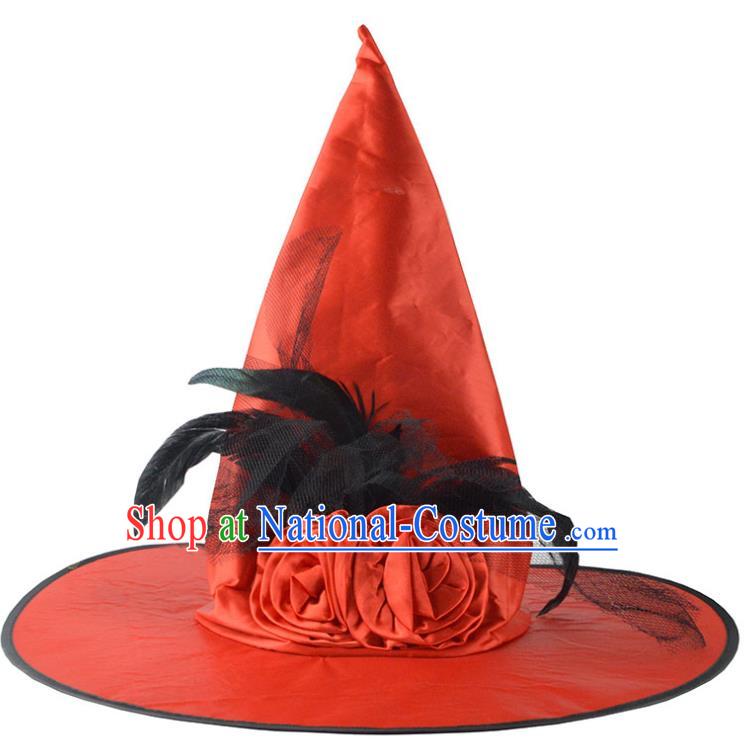 Handmade Drama Performance Peaked Cap Halloween Headdress Dance Party Red Hat Cosplay Witch Feather Headwear