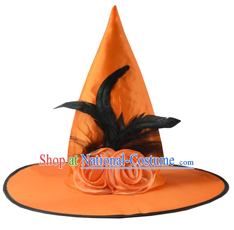 Handmade Cosplay Witch Feather Headwear Drama Performance Peaked Cap Halloween Headdress Dance Party Orange Hat