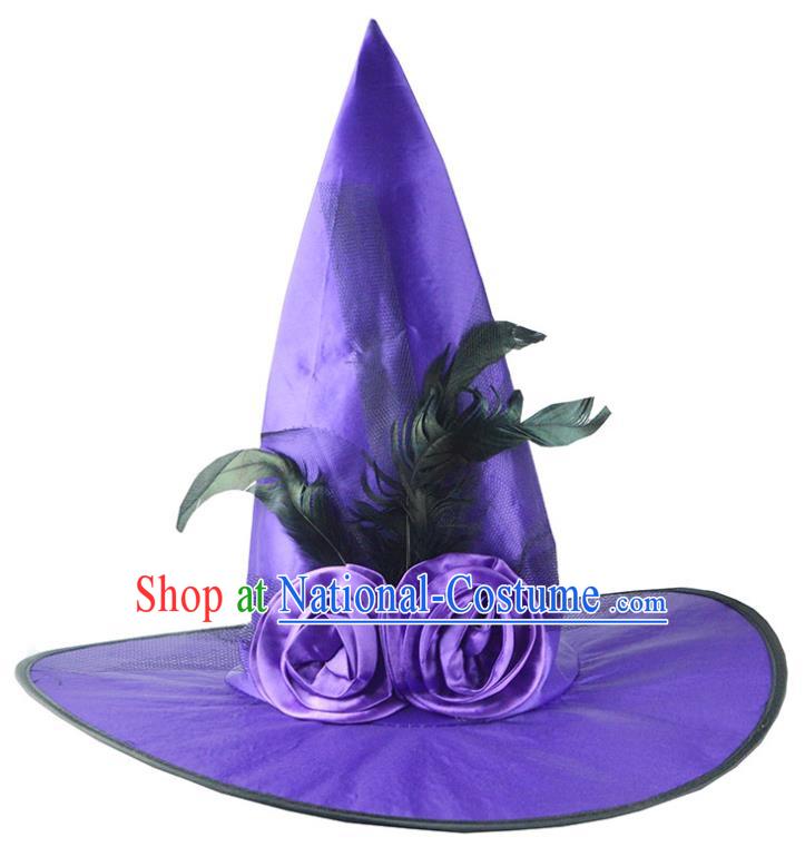 Handmade Dance Party Purple Hat Cosplay Witch Feather Headwear Drama Performance Peaked Cap Halloween Headdress