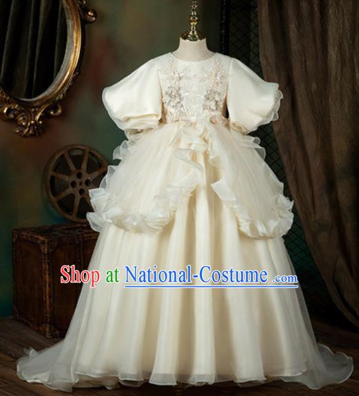 Custom European Girl Princess Fashion Modern Dance Clothing Children Catwalks Garment Costume Piano Recital Beige Trailing Full Dress