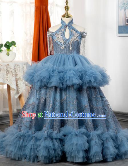 Custom Piano Recital Blue Trailing Full Dress European Girl Princess Fashion Modern Dance Clothing Children Catwalks Garment Costume