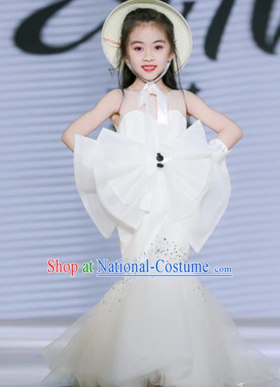 Custom Girl Piano Recital Fashion Modern Dance Clothing Children Catwalks Garment Costume European Princess White Fishtail Full Dress