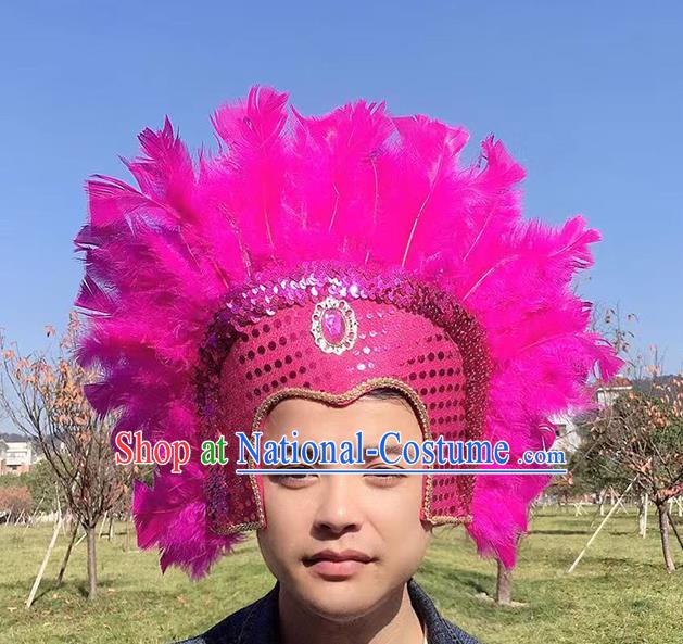 Professional Halloween Cosplay Wild Man Rosy Feather Hat Samba Dance Hair Accessories Apache Tribal Chief Headwear Stage Show Headdress