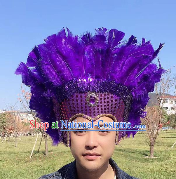 Professional Tribal Chief Headwear Apache Wild Man Headdress Halloween Cosplay Purple Feather Hat Samba Dance Hair Accessories