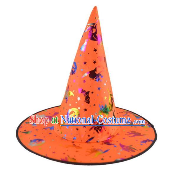 Handmade Stage Performance Peaked Cap Halloween Magic Headdress Fancy Party Orange Hat Cosplay Witch Headwear