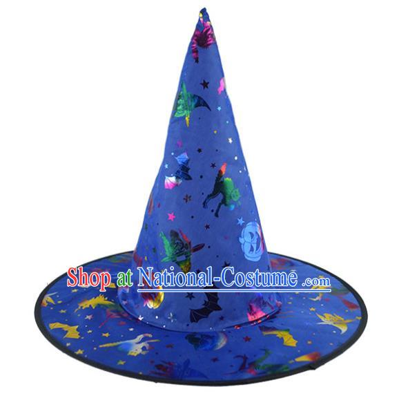 Handmade Fancy Party Blue Hat Cosplay Witch Headwear Stage Performance Peaked Cap Halloween Magic Headdress