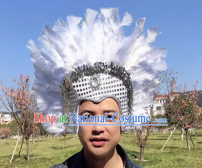 Professional Stage Show Hair Accessories Cosplay Warrior White Feather Hat Samba Dance Headdress Halloween Apache Tribal Chief Headwear