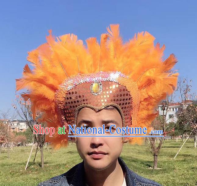 Professional Halloween Apache Tribal Chief Headwear Stage Show Hair Accessories Cosplay Warrior Orange Feather Hat Samba Dance Headdress