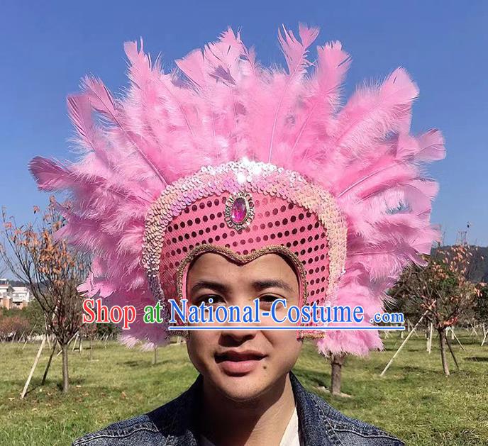 Professional Samba Dance Headdress Halloween Apache Tribal Chief Headwear Stage Show Hair Accessories Cosplay Warrior Pink Feather Hat