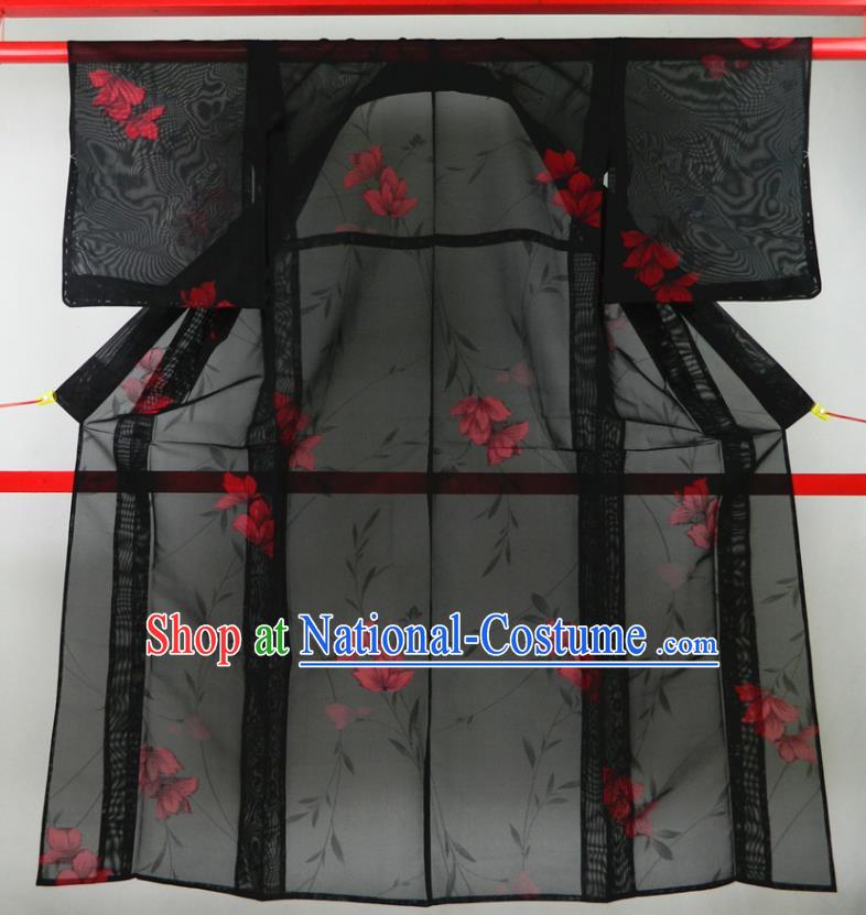 Japanese Court Woman Black Veil Yukata Dress Classical Flowers Pattern Edo Komon Kimono Clothing Traditional Garment Costume