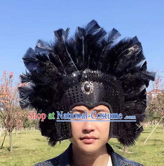 Professional Cosplay Warrior Black Feather Hat Samba Dance Headdress Halloween Apache Tribal Chief Headwear Stage Show Hair Accessories