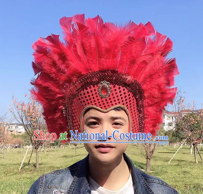 Professional Stage Show Headdress Halloween Cosplay Wild Man Red Feather Hat Samba Dance Hair Accessories Apache Tribal Chief Headwear