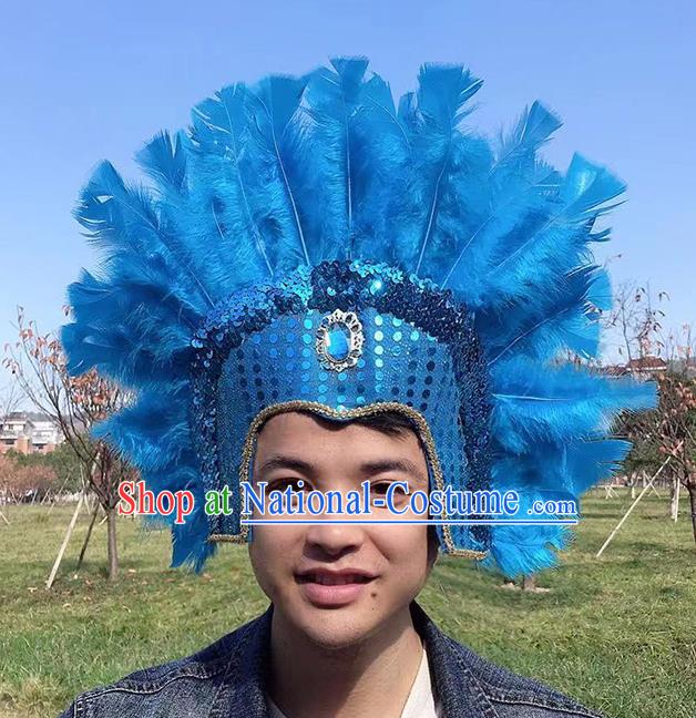 Professional Apache Tribal Chief Headwear Stage Show Headdress Halloween Cosplay Wild Man Blue Feather Hat Samba Dance Hair Accessories