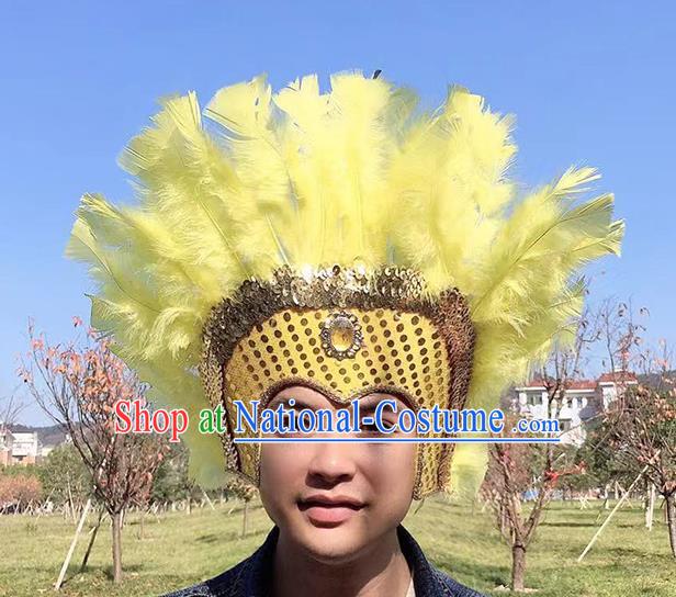 Professional Samba Dance Hair Accessories Apache Tribal Chief Headwear Stage Show Headdress Halloween Cosplay Wild Man Yellow Feather Hat