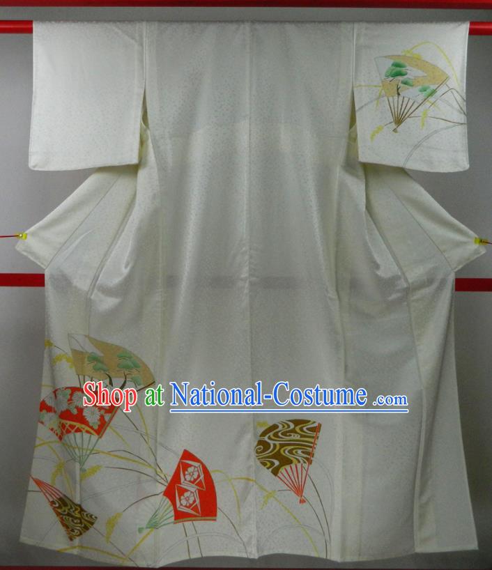 Japanese Young Woman White Silk Yukata Dress Classical Fans Pattern Tsukesage Kimono Clothing Traditional Festival Garment Costume