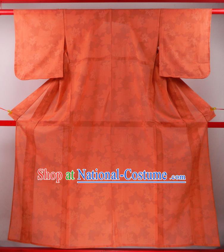 Japanese Traditional Festival Garment Costume Young Woman Orange Silk Yukata Dress Classical Maple Leaf Pattern Iromuji Kimono Clothing