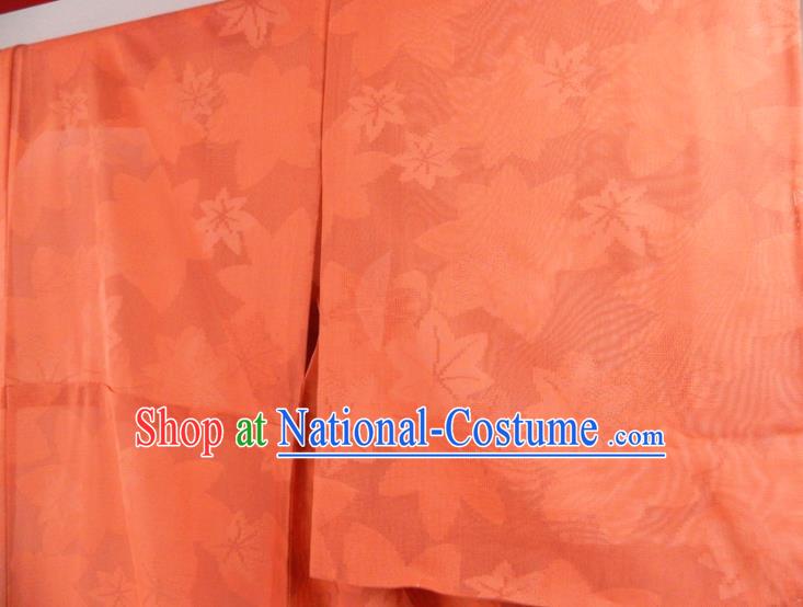 Japanese Traditional Festival Garment Costume Young Woman Orange Silk Yukata Dress Classical Maple Leaf Pattern Iromuji Kimono Clothing