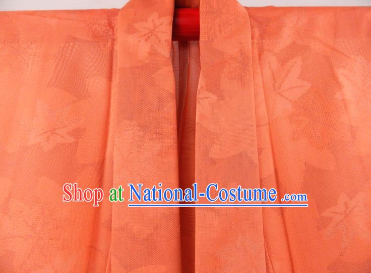 Japanese Traditional Festival Garment Costume Young Woman Orange Silk Yukata Dress Classical Maple Leaf Pattern Iromuji Kimono Clothing