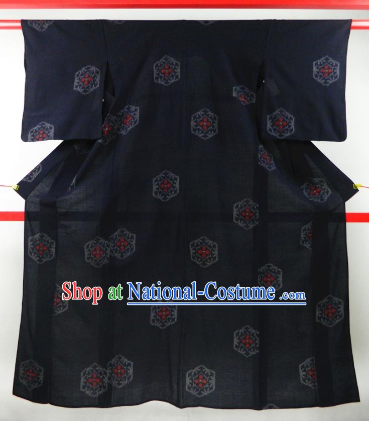 Japanese Classical Rhombus Pattern Edo Komon Kimono Clothing Traditional Festival Garment Costume Young Woman Navy Silk Yukata Dress