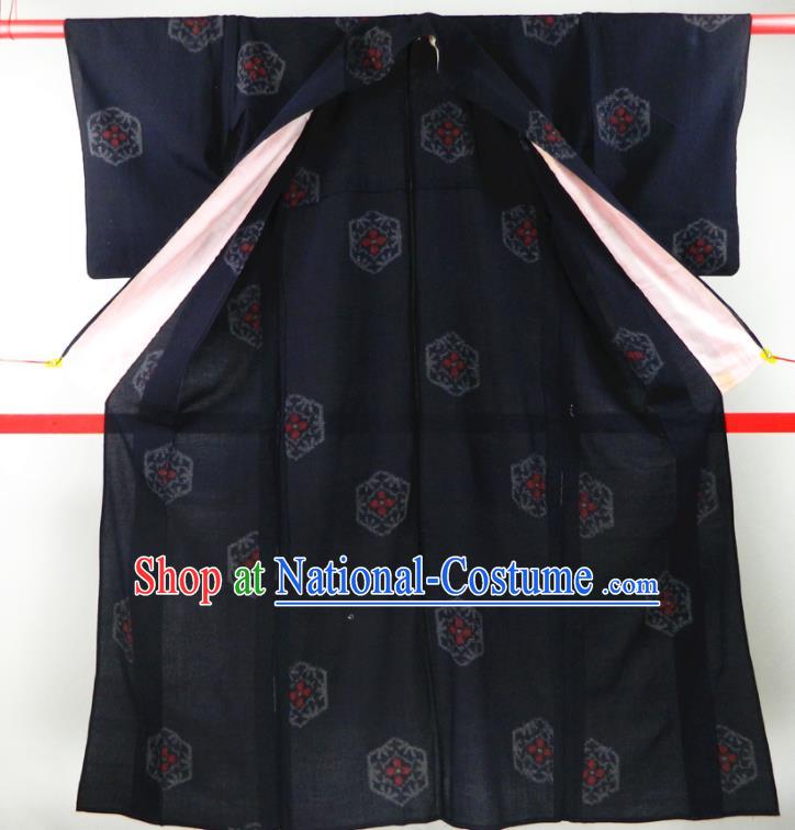 Japanese Classical Rhombus Pattern Edo Komon Kimono Clothing Traditional Festival Garment Costume Young Woman Navy Silk Yukata Dress