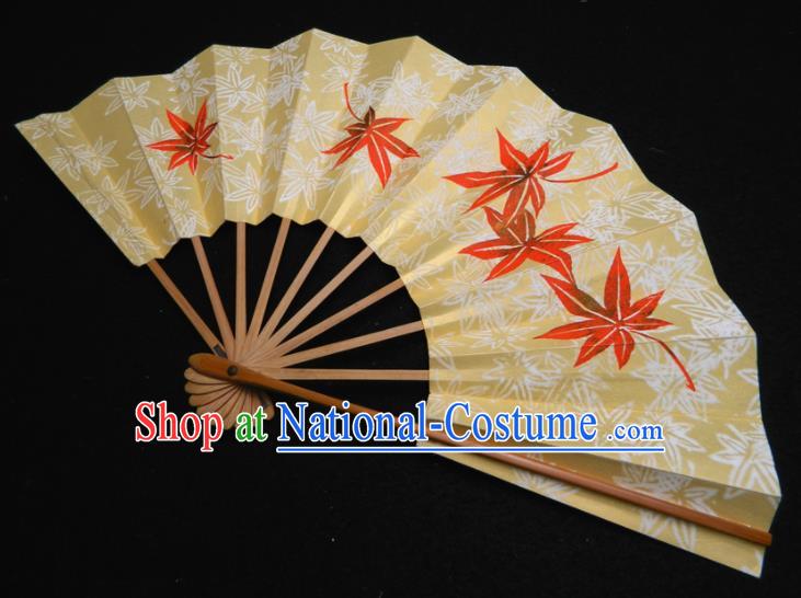 Japan Geisha Dance Yellow Fan Traditional Printing Maple Leaf Folding Fan Handmade Kimono Accordion Craft