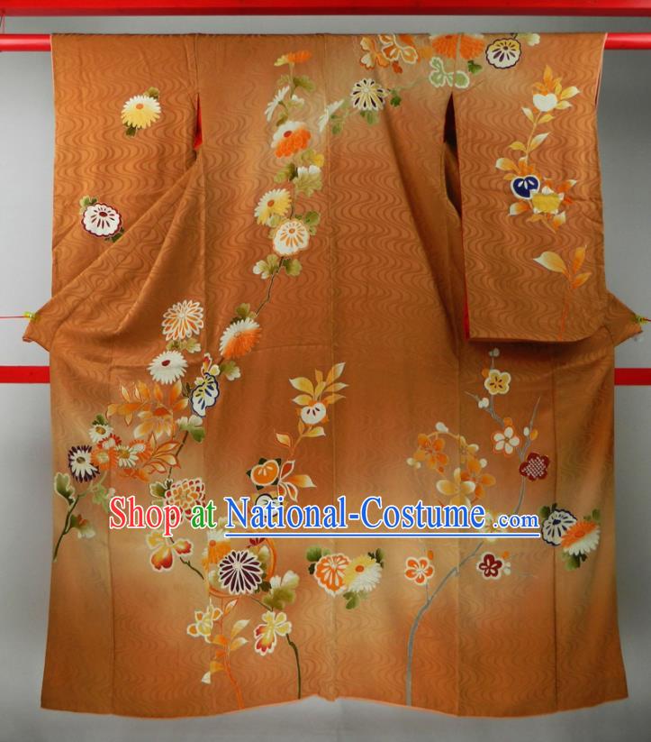 Japanese Classical Chrysanthemum Pattern Furisode Kimono Clothing Traditional Wedding Garment Costume Bride Orange Silk Yukata Dress