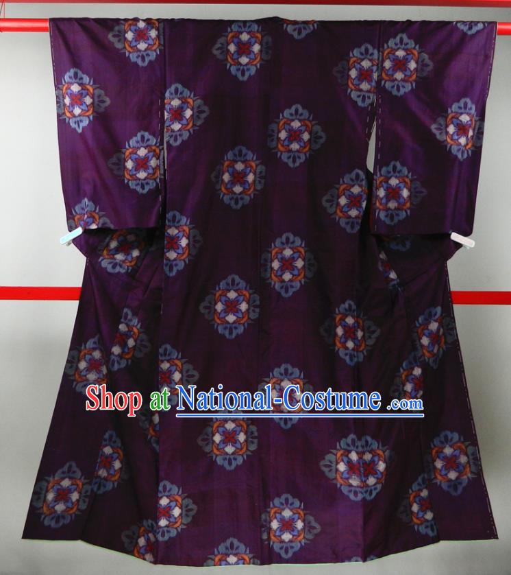 Japanese Traditional Ceremony Garment Costume Bride Mother Purple Yukata Dress Classical Rhombus Pattern Edo Komon Kimono Clothing