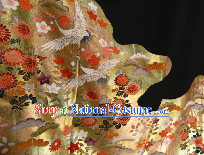 Japanese Classical Chrysanthemum Cranes Pattern Kurotomesode Kimono Clothing Traditional Court Garment Costume Elderly Woman Black Yukata Dress