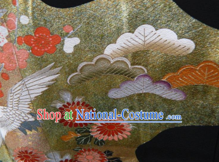 Japanese Classical Chrysanthemum Cranes Pattern Kurotomesode Kimono Clothing Traditional Court Garment Costume Elderly Woman Black Yukata Dress