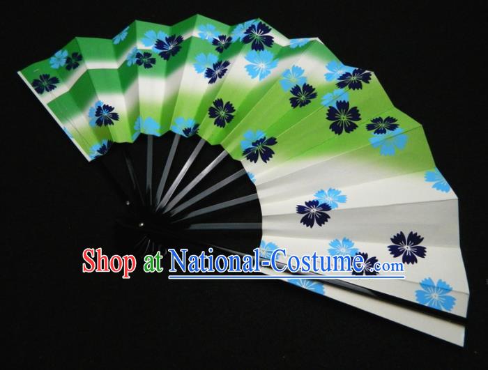 Japan Traditional Stage Performance Fan Handmade Craft Fans Kimono Printing Sakura Green Accordion Geisha Dance Folding Fan