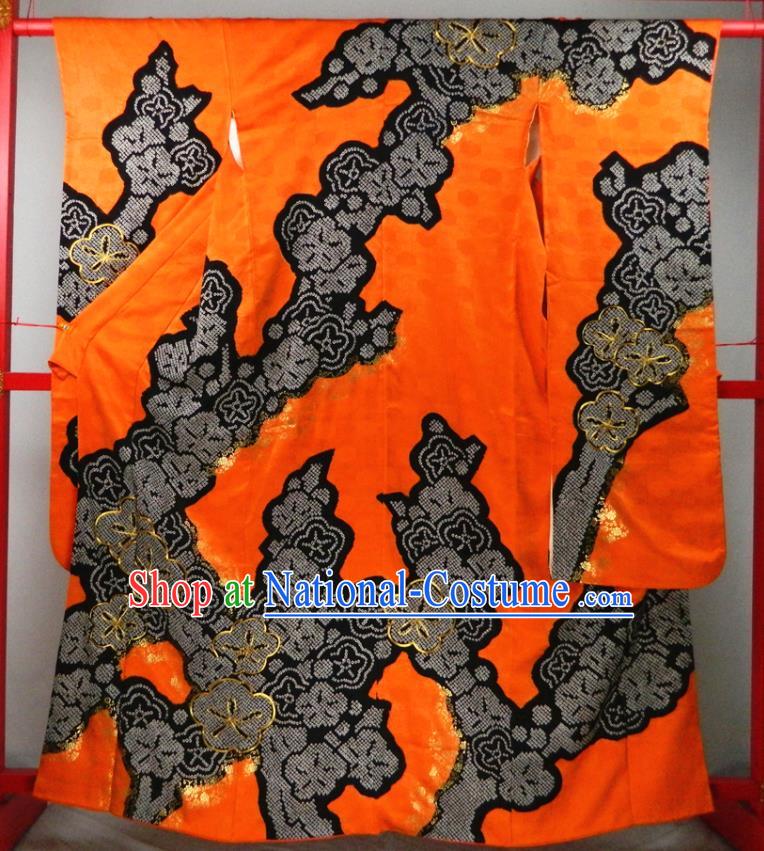 Japanese Court Woman Orange Yukata Dress Classical Plum Blossom Pattern Furisode Kimono Clothing Traditional Wedding Garment Costume