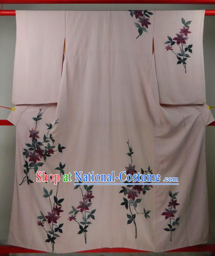 Japanese Traditional Printing Garment Costume Young Woman Pink Yukata Dress Classical Lily Flowers Pattern Tsukesage Kimono Clothing